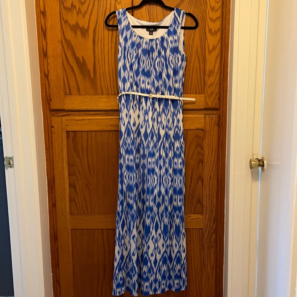 Blue and White Belted Maxi Dress